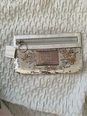 COACH Sequin Wristlet Clutch in Silver and Rose Gold